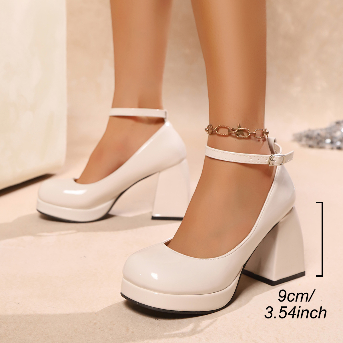 Fluorescent Yellow Chunky Heel Pearl Chain Women's High Heels foto 4