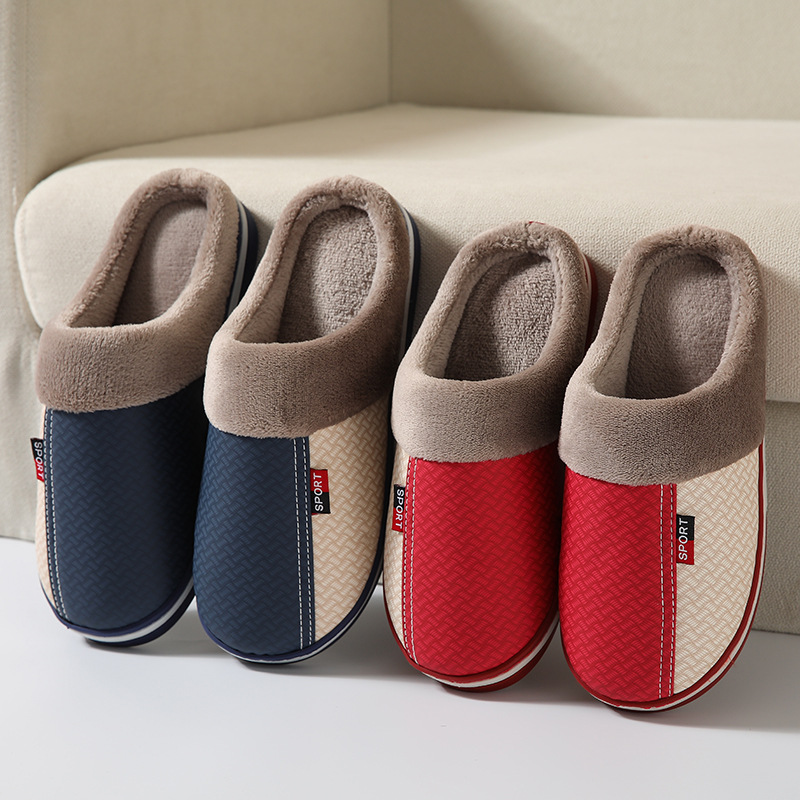 Winter Couple Cotton PU Leather Slippers Waterproof Home Indoor Keeping Cotton Slippers Wholesale foto 2