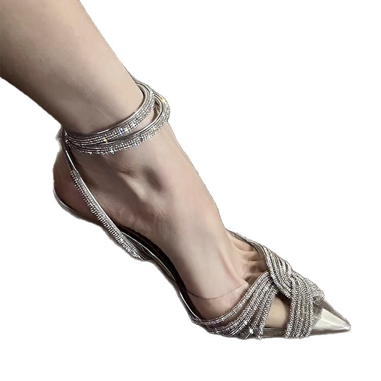 Transparent Cross Sparkling Rhinestones Pointed High Heels For Women foto 5