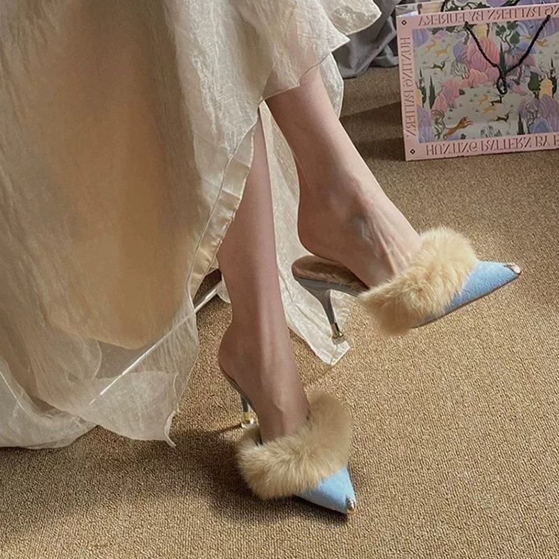 Elegant Fallwinter Furry High-heeled Slide Sandals For Women Perfect For Outdoor Wear foto 2