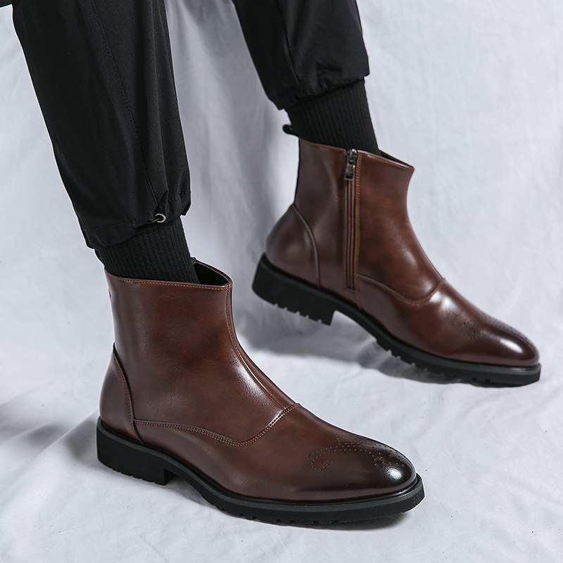 Fall Winter Men Business Zipper Slip-on British Solid Color Pointed Leather Boots foto 5
