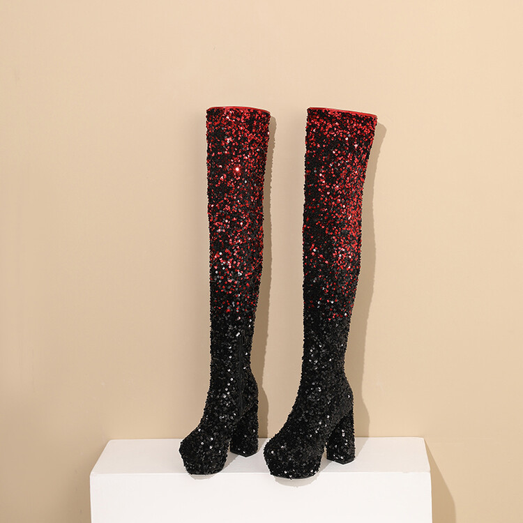 Sequin Gradient Round-Toe Side-Zip Chunky Heel Over-the-Knee Womens Boots foto 4