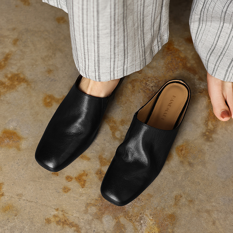 Women's Handmade Full-Grain Sheepskin Ruched Mule Slides, Square-Toe Slip-On Flat Shoes foto 4