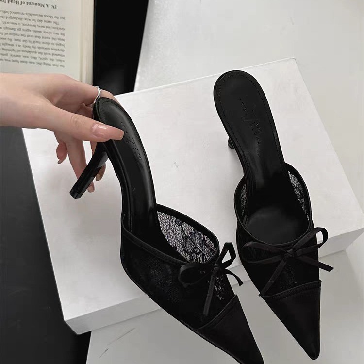 Women's Lace Pointed Toe Bowknot High Heels foto 4
