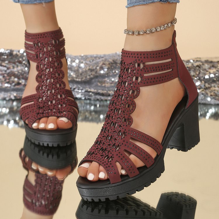 Openwork European And American Vintage-style Versatile High-heeled Sandals With A Back Zipper foto 2
