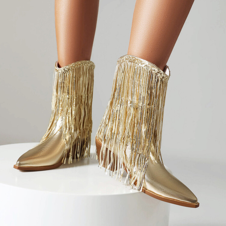 Sexy Sequin Tassel Pointed-Toe Chunky-Heel Ankle Boots For Women foto 5