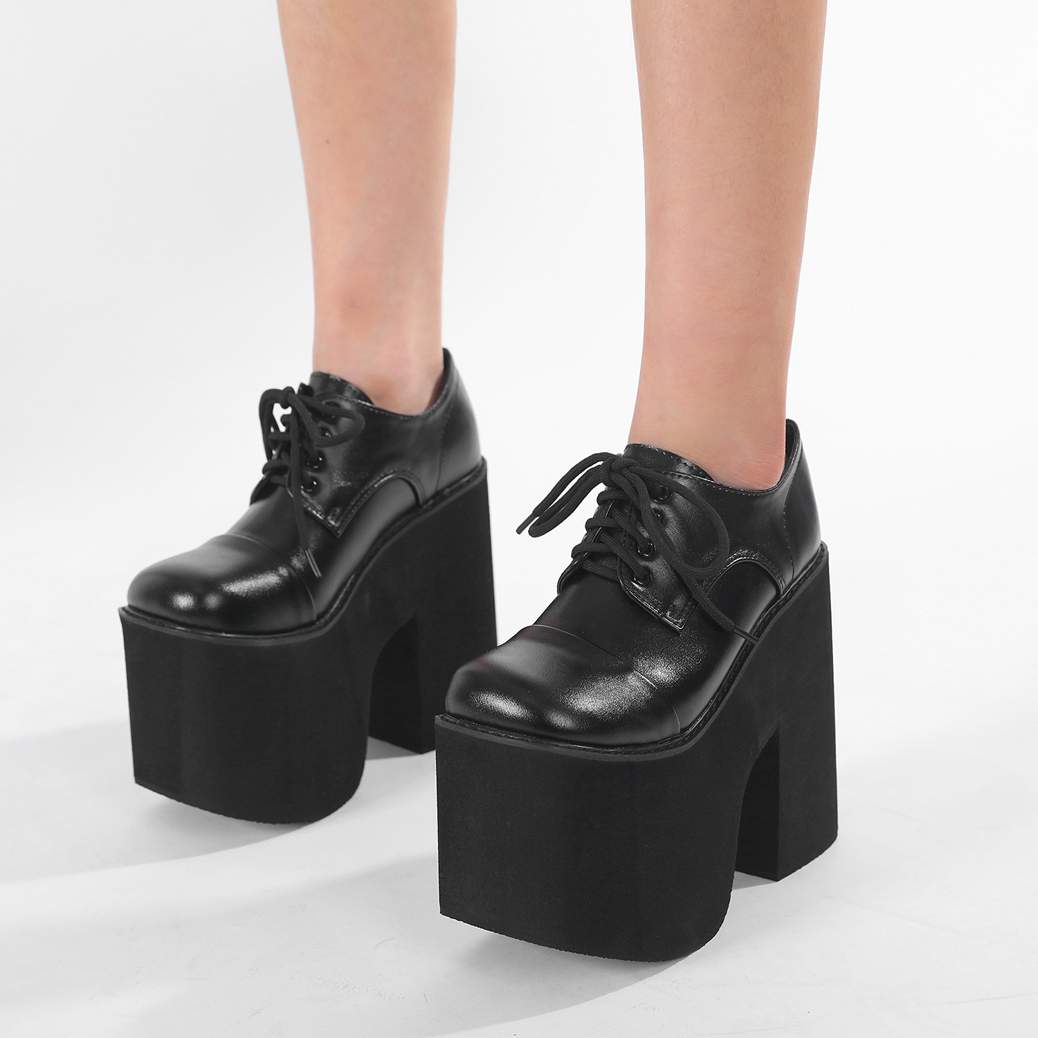 Womens Round-Toe Shallow-Mouth Waterproof Platform Chunky-Heel Lace-Up Shoes foto 5
