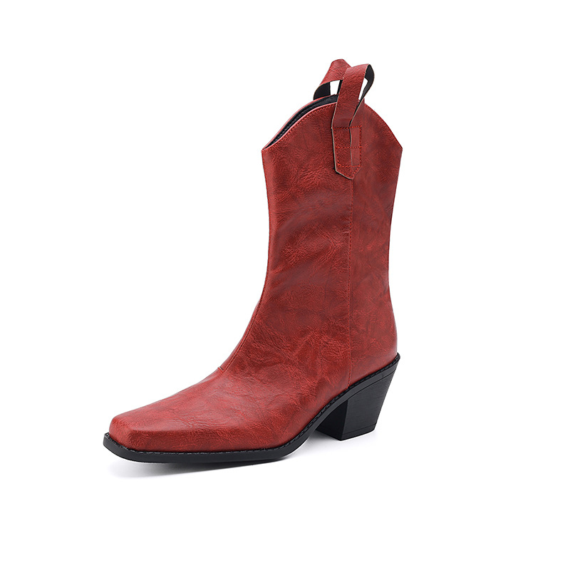 Retro Square-toe V-cut Mid-calf Boots With Chunky Heels foto 4