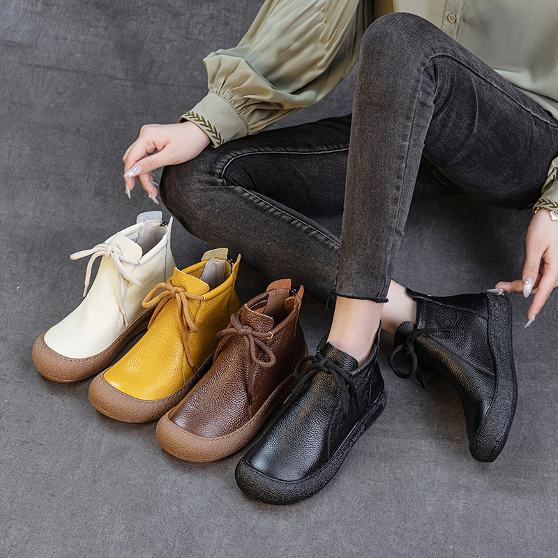 Top-grain Cowhide Flat-bottomed Anti-collision Round-toe High-top Women's Top foto 4