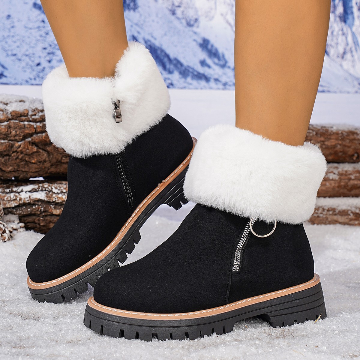 Thick Sole Side Zipper Fashion Simple Furry Casual Cotton Boots For Women foto 5