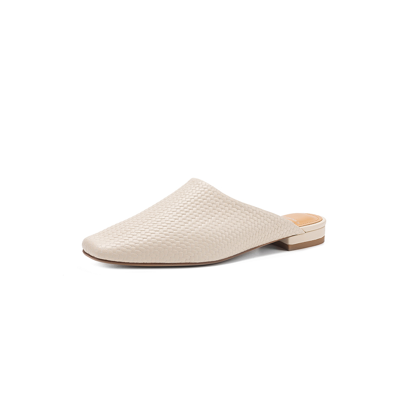 Women's Handmade Water-Stained Sheepskin Woven Mule Slides, Square-Toe Chunky Heel Backless Shoes With Pigskin Lining foto 3