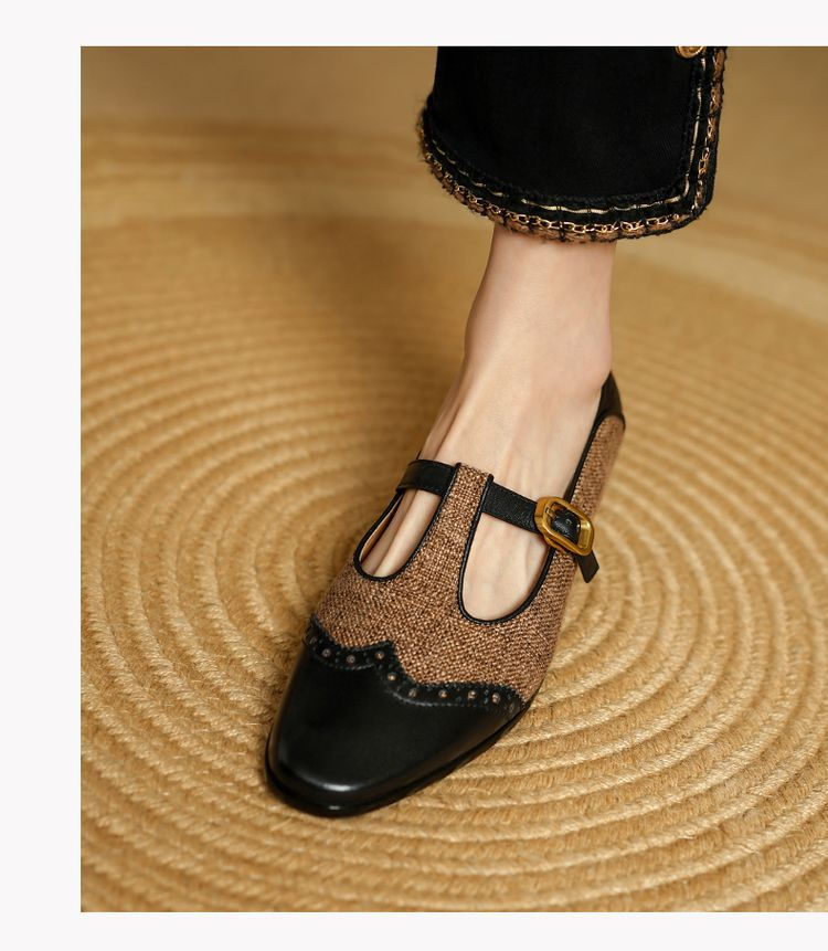 Pumps Women's Low-cut Chunky Heel Mary Jane Stitching T-strap foto 4