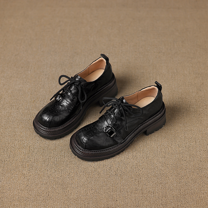 Women's Handmade Full-Grain Sheepskin Platform Oxfords, Chunky Heel Lace-Up Buckle Brogue Shoes foto 5