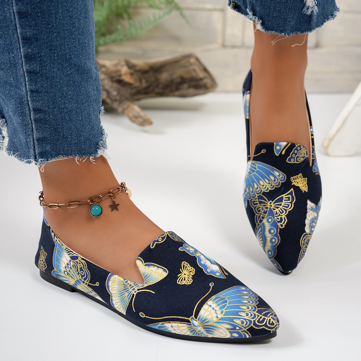 Printed Shallow Mouth Pointed Flat Large Size Women's Shoes foto 3