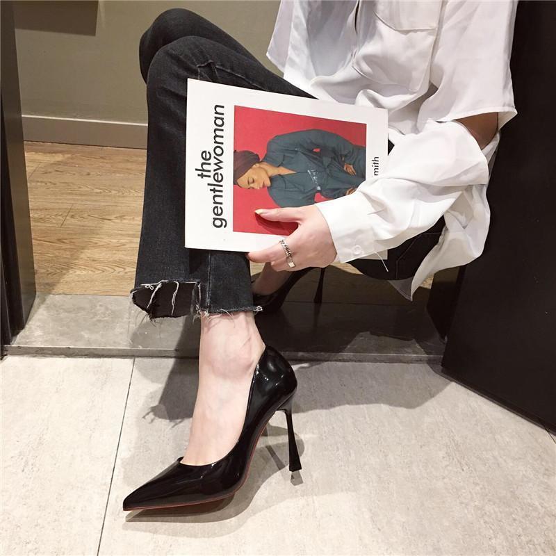 Womens Versatile Pointed-Toe Shallow-Pump Patent Leather High Heels foto 5