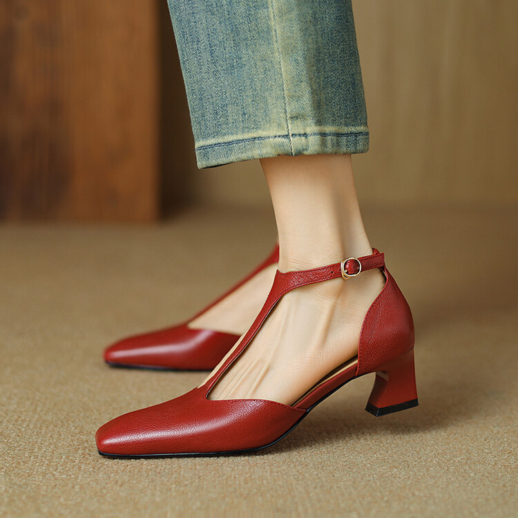 French Retro Square Toe Chunky Heel Wine Red Sheepskin Leather Shoes foto 3