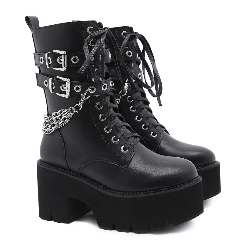 Chunky-heel Side-zip Platform Womens Boots With A Stylish Rivet Belt Buckle foto 3