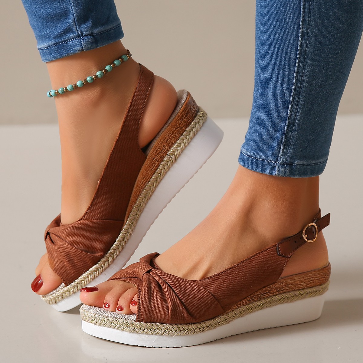 Plus Size Women's Flat Wedge Peep Toe Casual Sandals foto 5