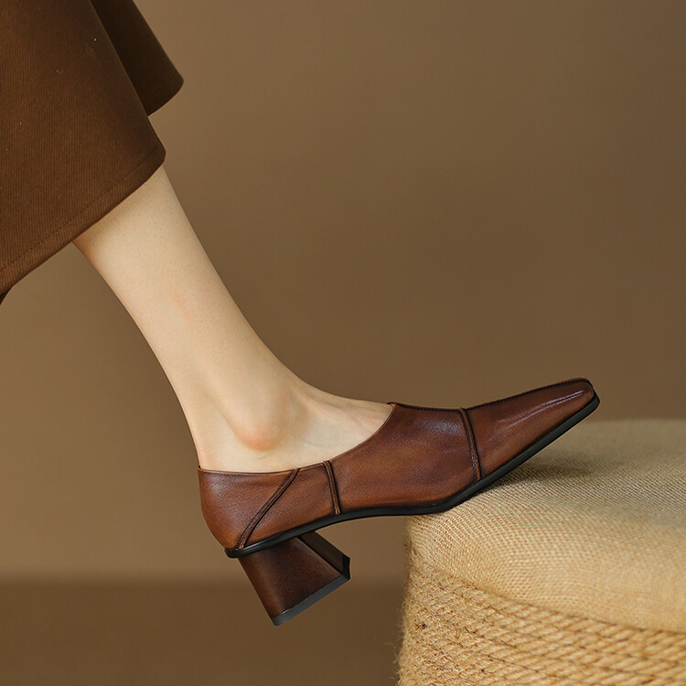 Retro Casual Women's All-leather Chunky Heel