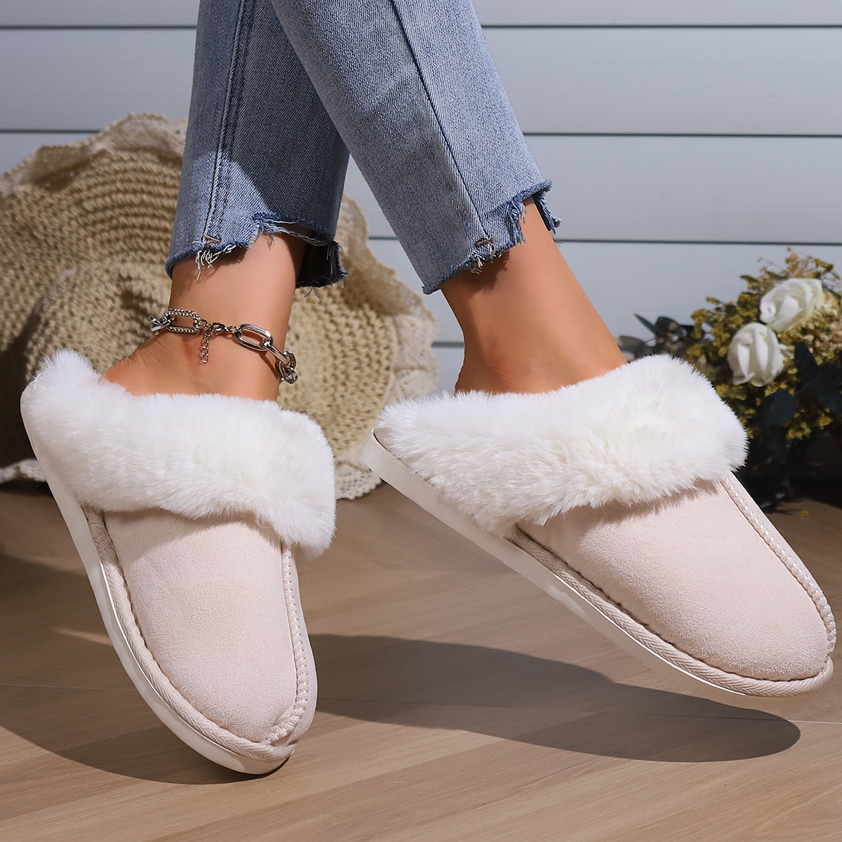 Cotton Slippers Autumn And Winter Fleece-lined Home Fur Toe Cap foto 5