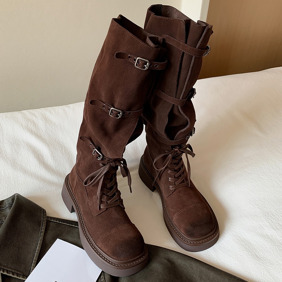 Women's Cowhide Lace-up Motorcycle-style Thigh-high Boots foto 3