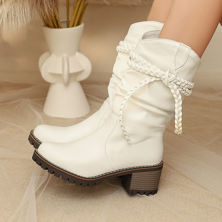 Womens Fashion Knitted Strap Mid-Calf Boots With Chunky Heels foto 2