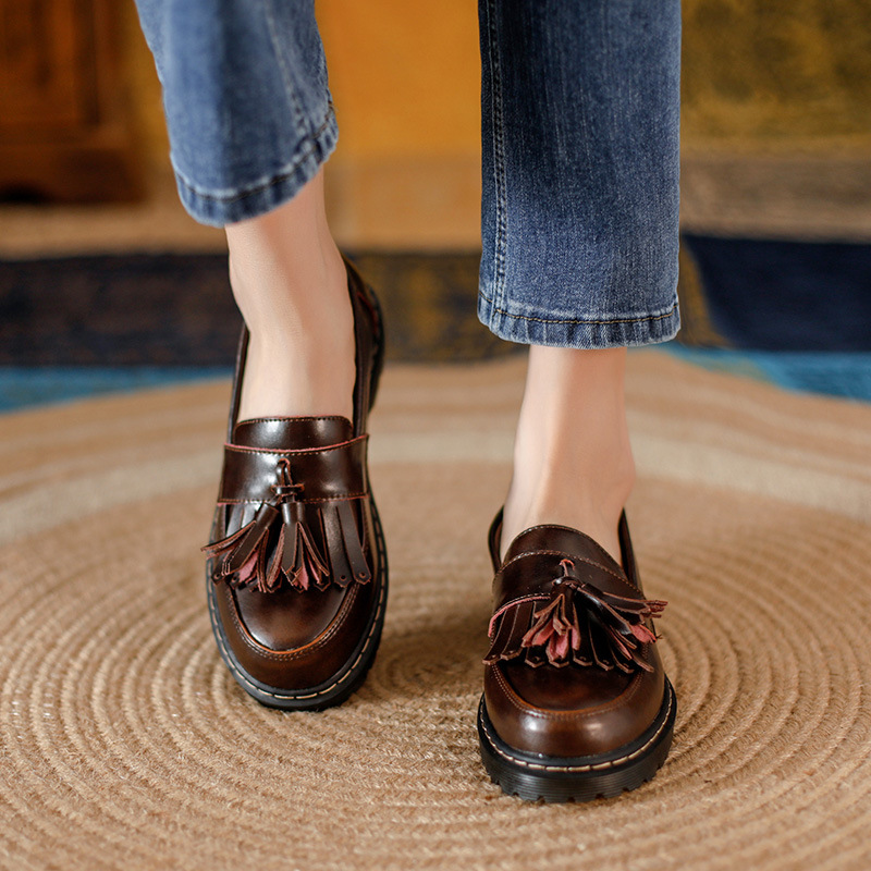 Tassel Retro Girls Artistic College Chunky Heel Loafers Leather Shoes foto 5