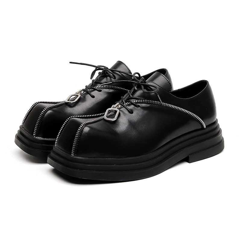 Thick Bottom Square Toe Men's Trendy Unique Punk Zipper Design Trendy Black Business Leather Shoes foto 3