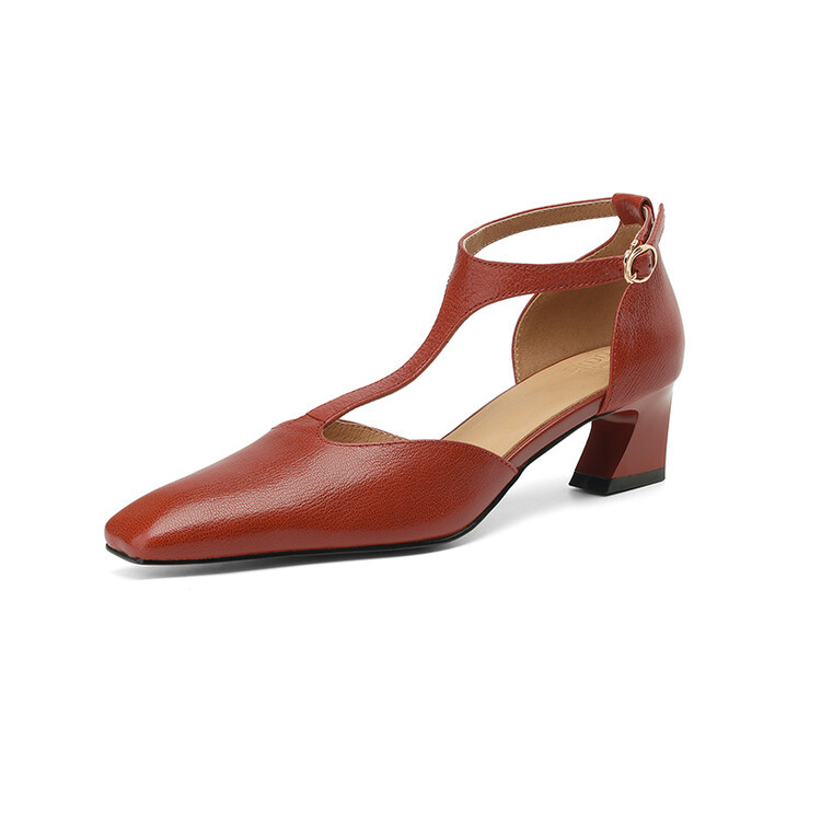 French Retro Square Toe Chunky Heel Wine Red Sheepskin Leather Shoes foto 2