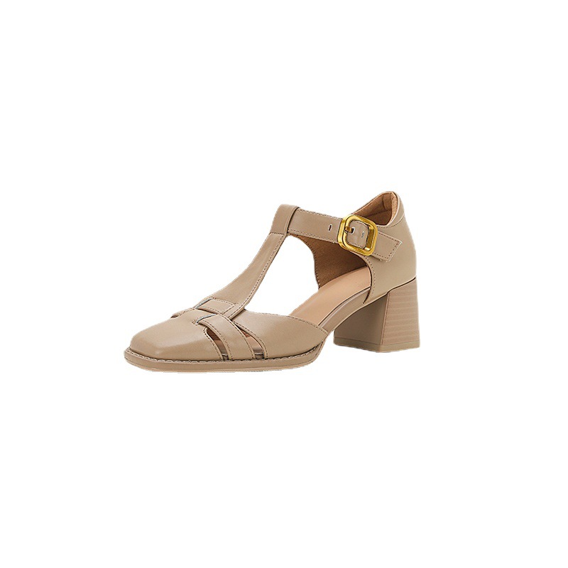 Chunky-heeled High Heel Genuine LeatherSquare-toe Womens Shoes French Vintage Style foto 3