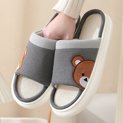 Cute Cartoon Bear Linen Slippers For Women Indoor Non-slip Sweat-absorbent Breathable Slip On Floor Bedroom Slipper House Shoes foto 4