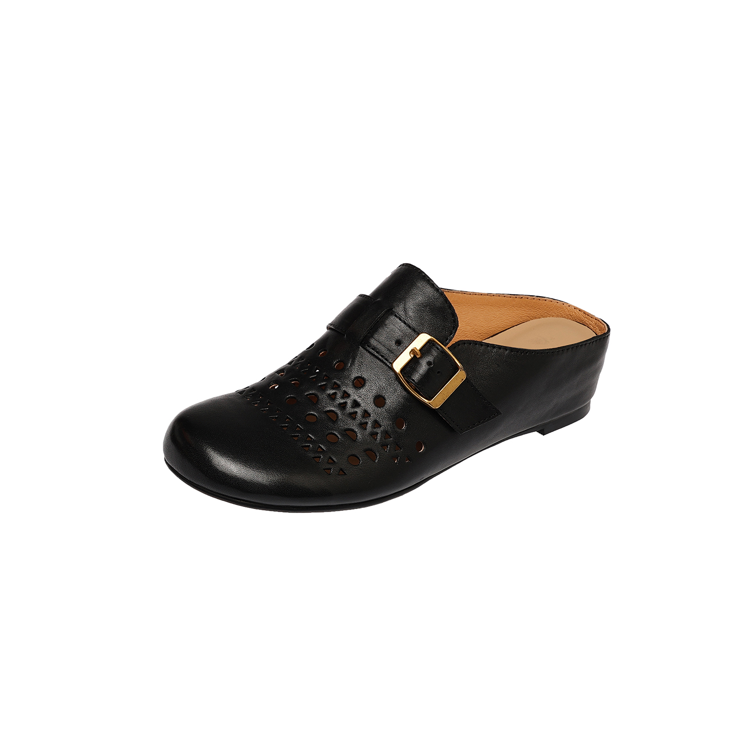 Women's Handcrafted Washed Full-Grain Cowhide Perforated Buckle Mules, Round Toe Flat Backless Slides foto 5