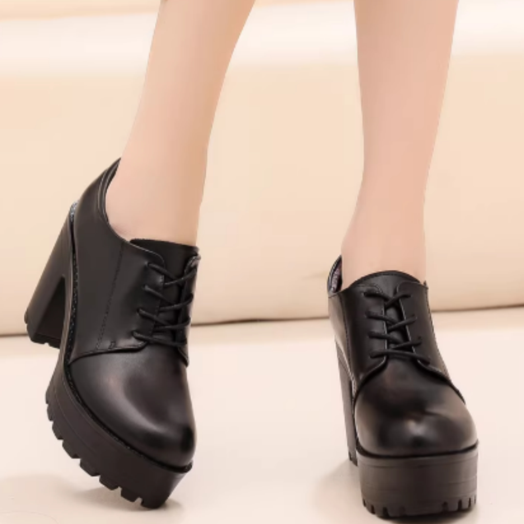 Genuine Leather Platform Round Toe Deep-cut Single Shoes For Autumn And Winter With Laces foto 2