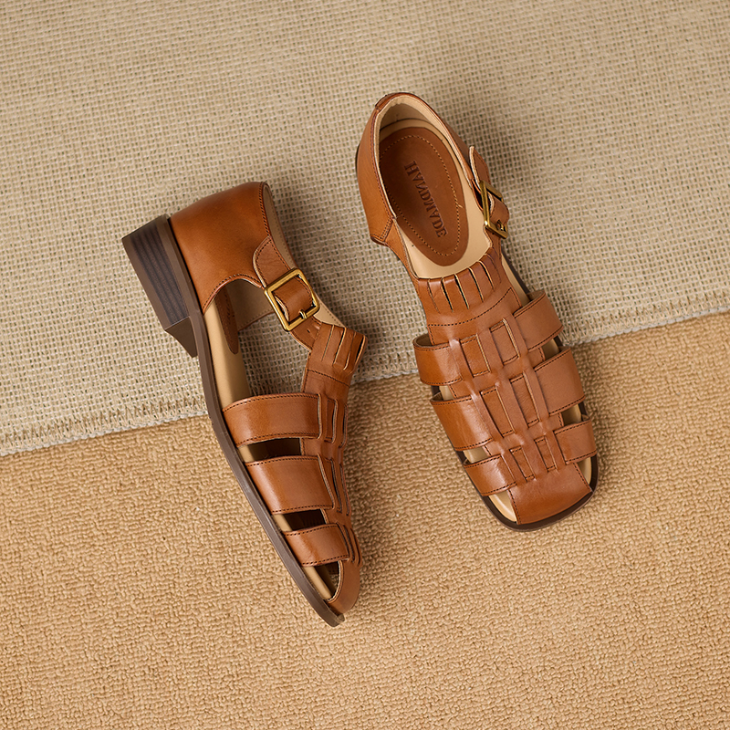 Women's Handmade Full-Grain Leather Fisherman Sandals, Woven Closed Toe Buckle Flat Shoes foto 5
