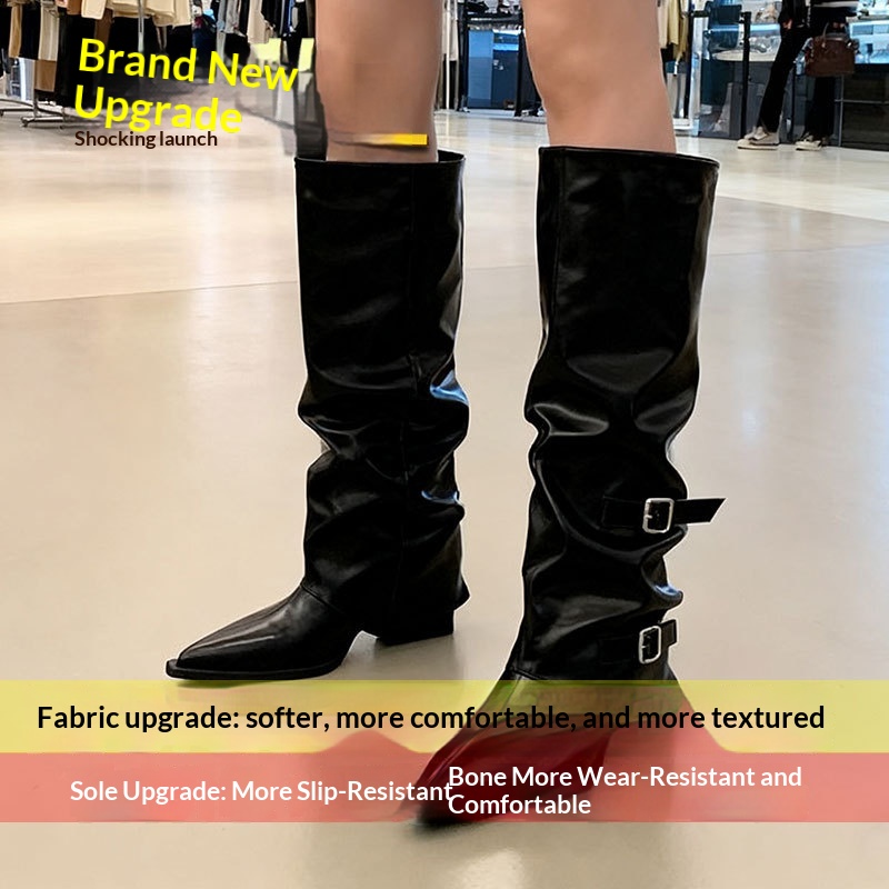 Women's Niche-design Leather-buckle High-rise Riding Boots foto 5