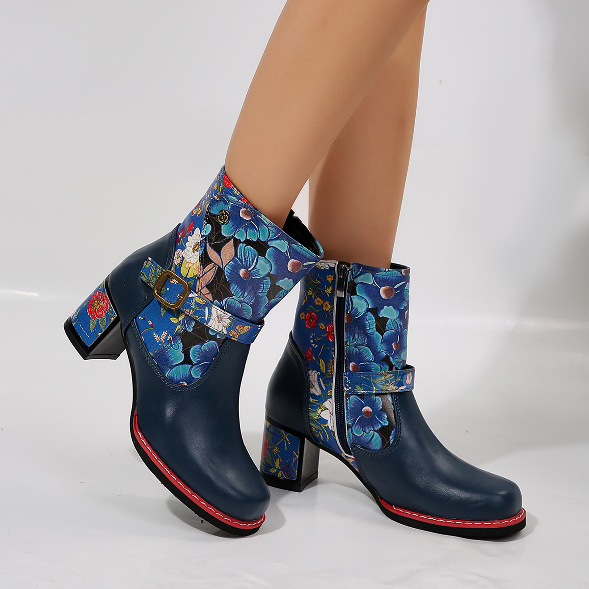 Women's Printed Stitching Round Head Thick Bottom Bootie foto 5