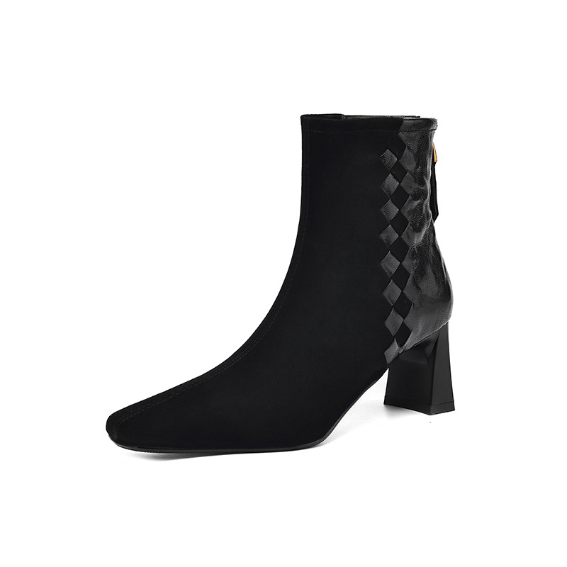 Womens Korean-style Square-toe Leather Chunky-heel Patchwork Ankle Boots foto 4