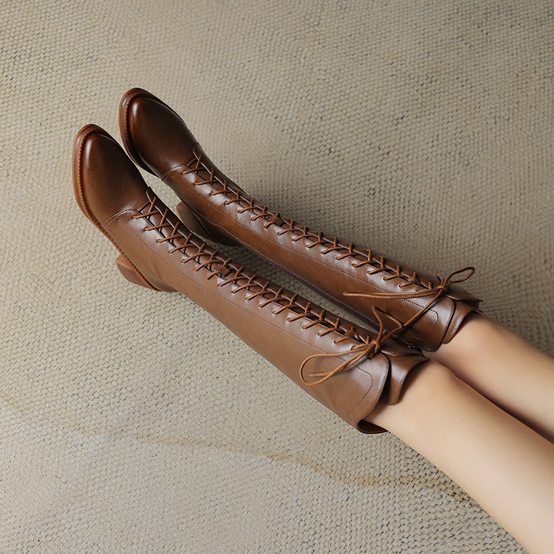 Brown Womens New Pointed-toe High-heeled Mid-calf Leather Boots foto 3