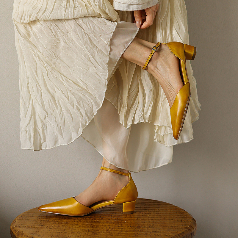 Women's Handmade Washed Leather Ankle Strap Pumps, Genuine Full-Grain Leather Pointed Toe Low Block Heel Sandals foto 4
