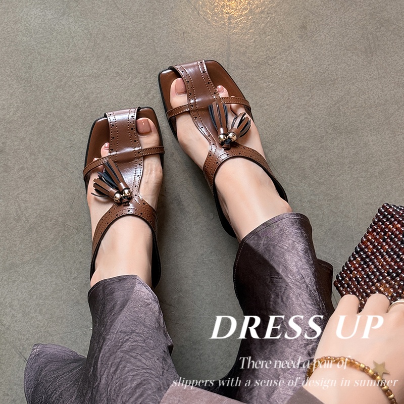 Women's Leather Tassel Slide Sandals, Square Toe Block Heel Mules