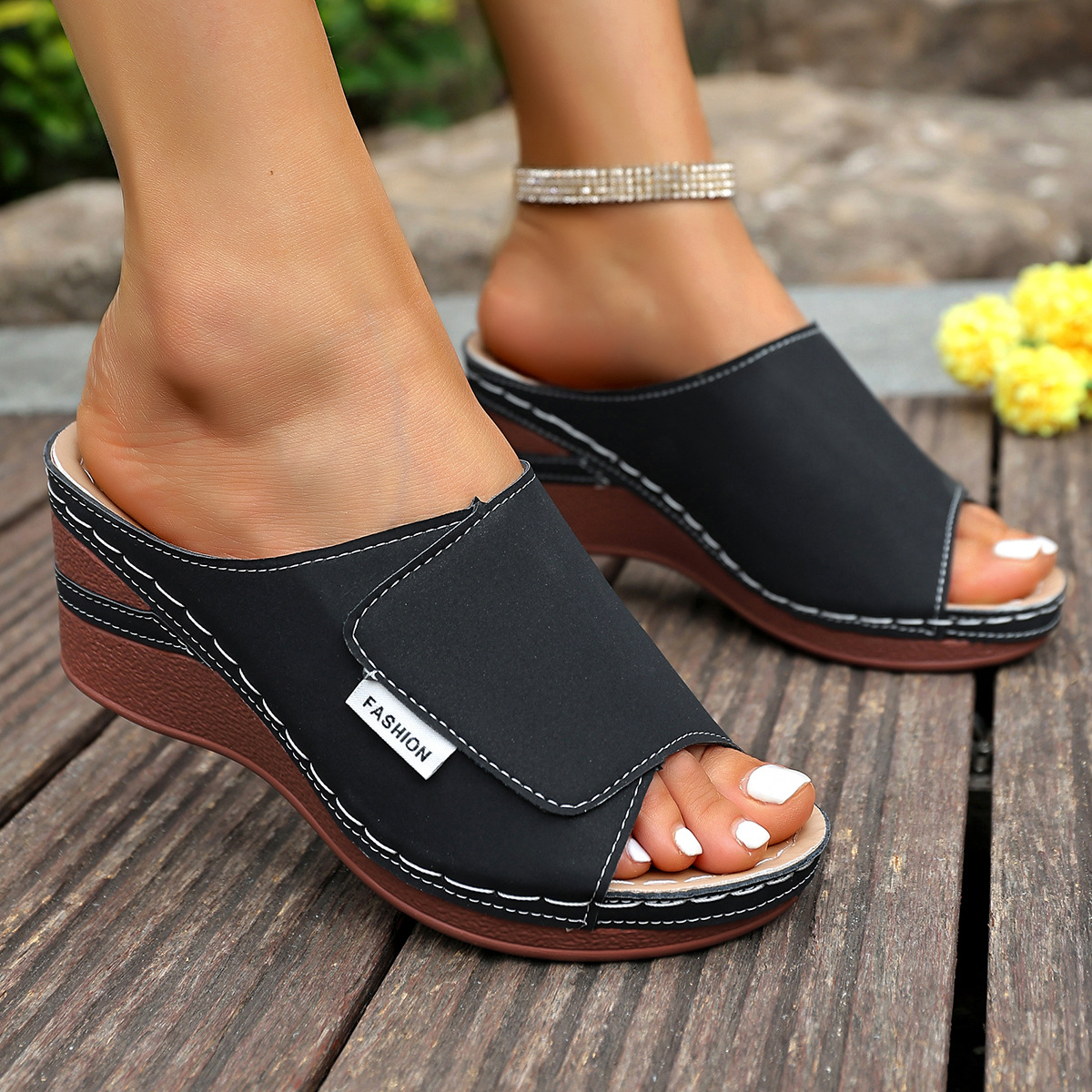 Plus Size Wedge Thick Bottom Peep-toe Slippers foto 3