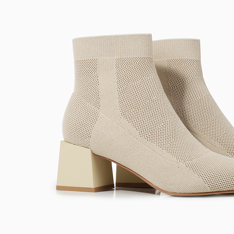 All-match Stretch Knitted High Heel Solid Color Chunky Heel Square Toe Booties Women foto 3