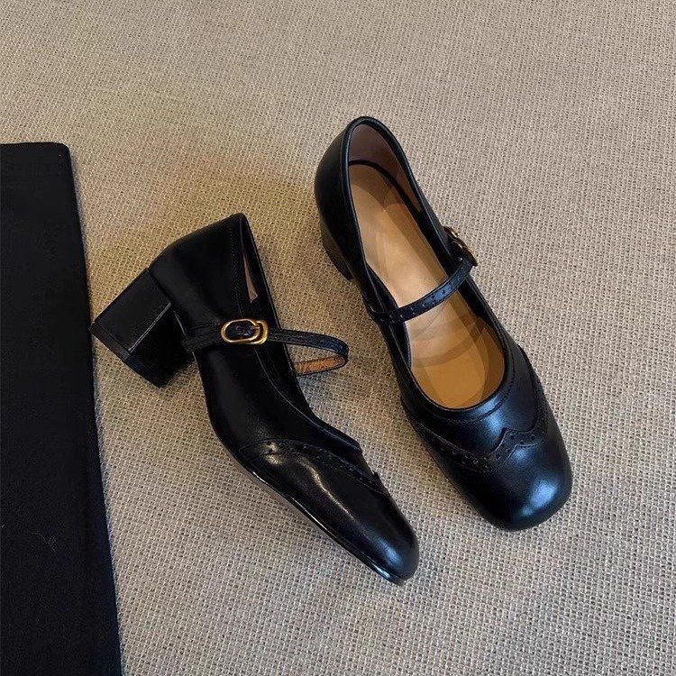 Carved High Heels Female Square Toe Genuine Leather All-match foto 2