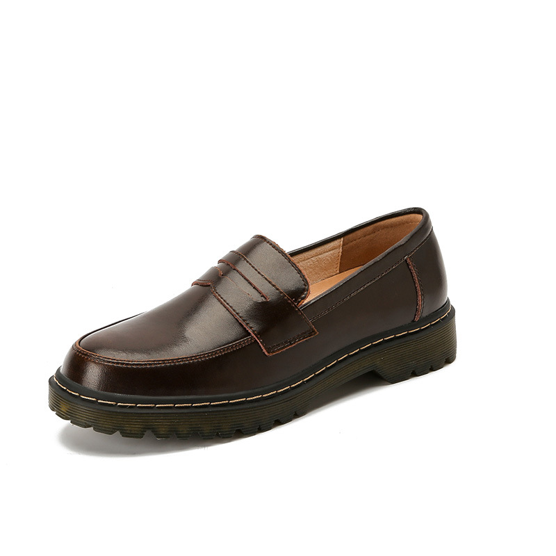 Round Head Thick Low Heel Leather Shoes Women foto 2