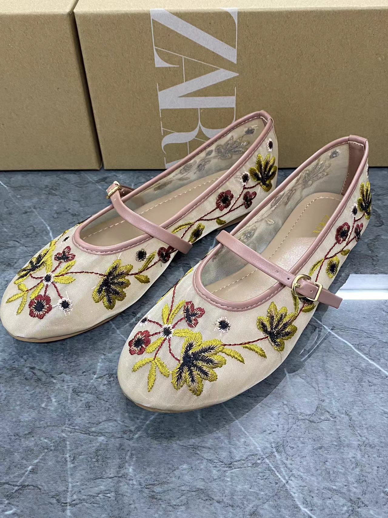 Women's Shoes Green Flower Embroidered Mesh Cloth Ballerina Flats New Guo Feng foto 3
