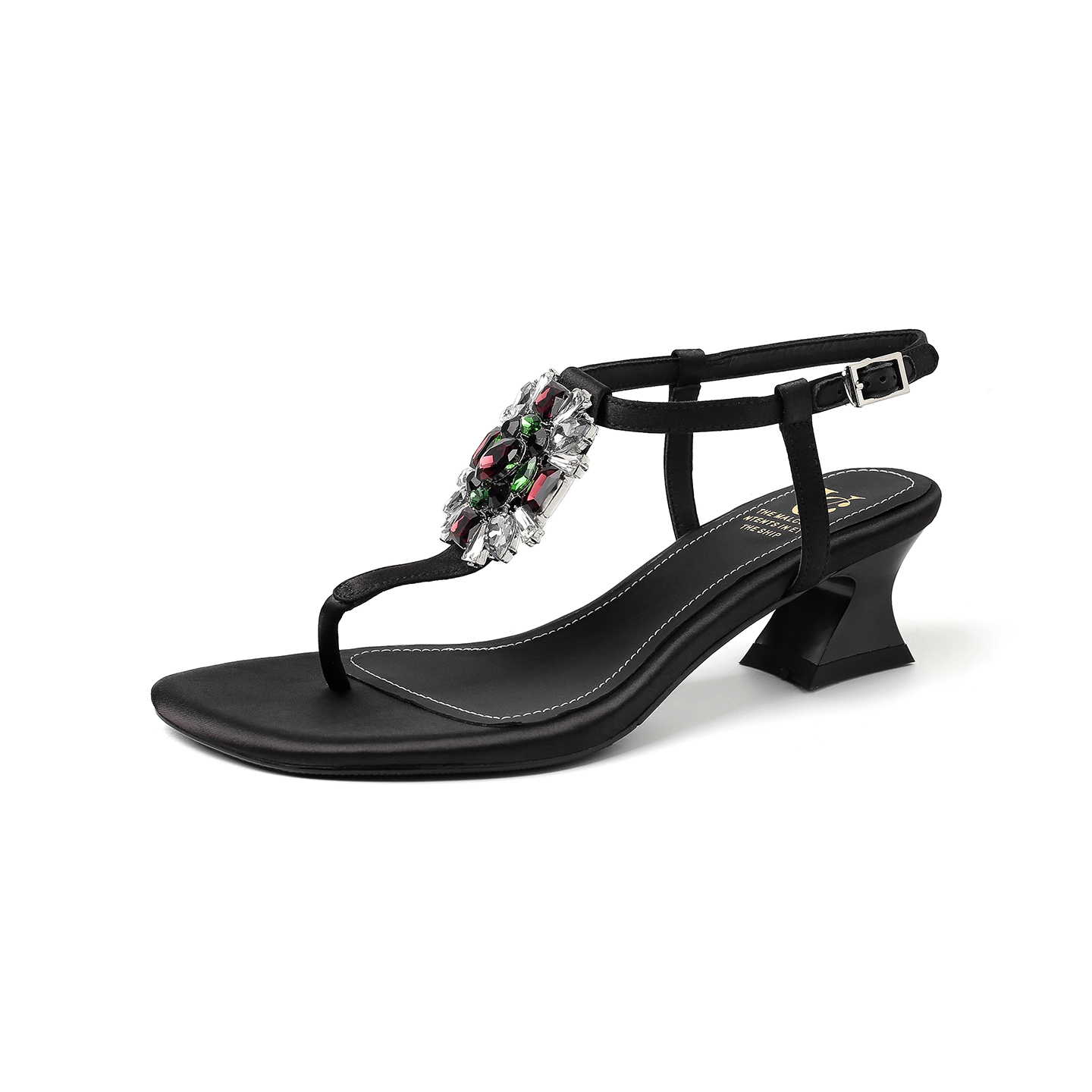 Women's Handmade Silk Fabric Crystal Thong Sandals, Mid-Heel Ankle Strap Party Heels With Sheepskin Lining foto 4