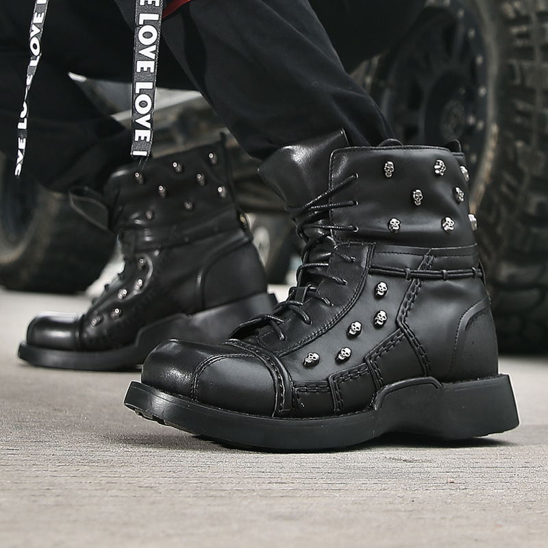 Men's Warm Work Clothing Motorcycle Waterproof High-top Steampunk Leather Boots foto 3