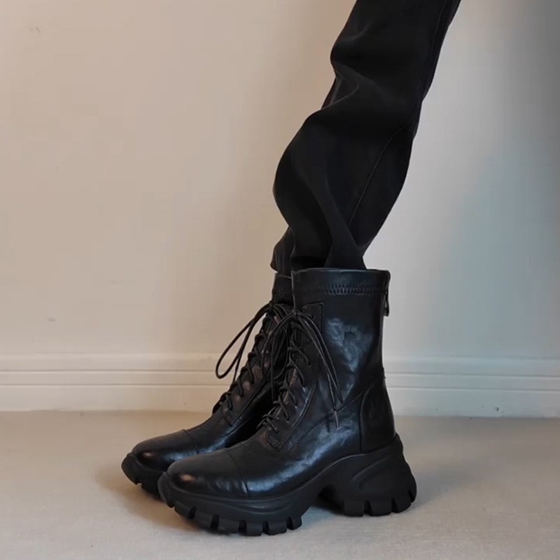 New Stylish Versatile Black Thick-soled Back Zipper Lace-up Motorcycle Boots foto 2