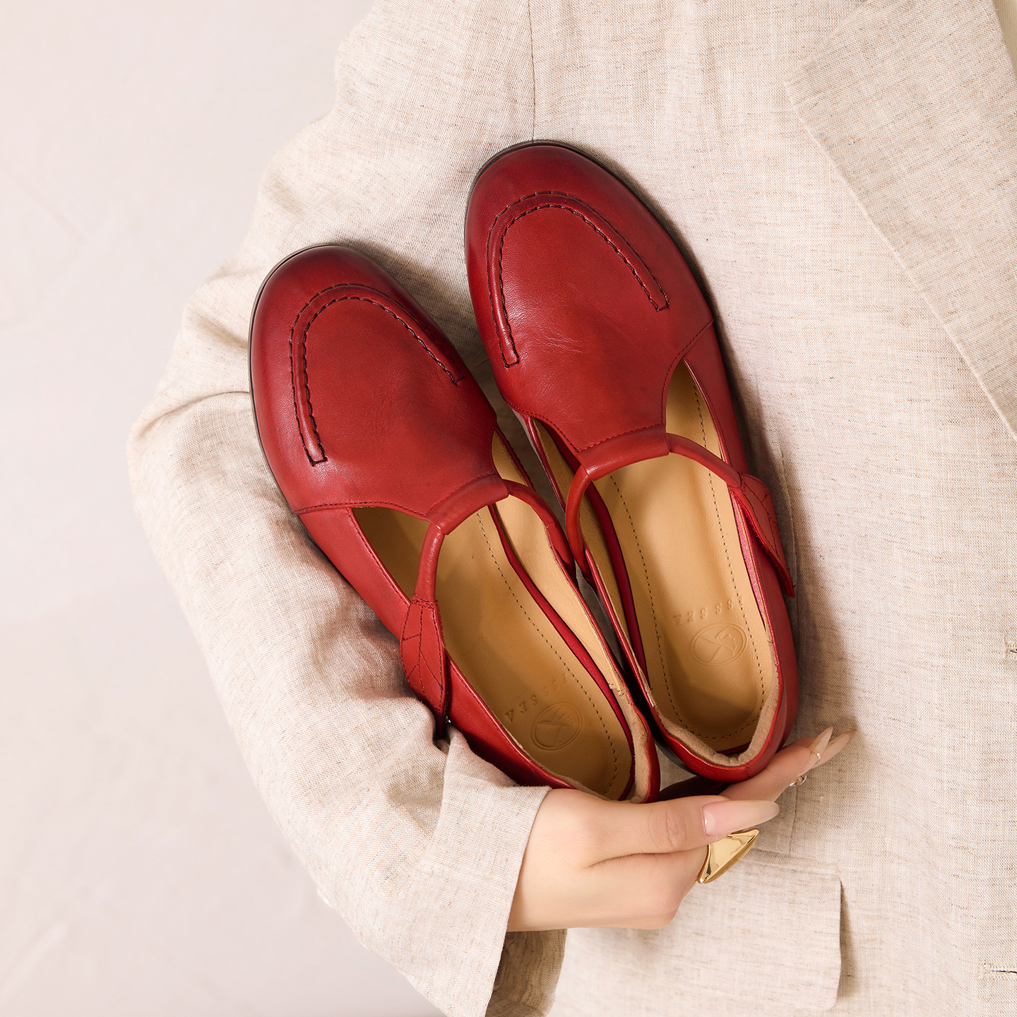 Women's Full Grain Leather T-Strap Mary Jane Flats, Premium Genuine Leather Casual Shoes foto 3