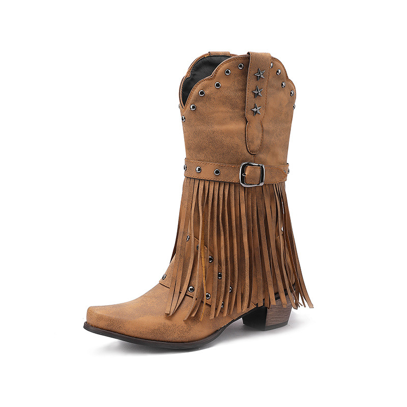 Autumn And Winter Tassel Women's Western Rivet Belt Buckle Tassel Middle Boots foto 5